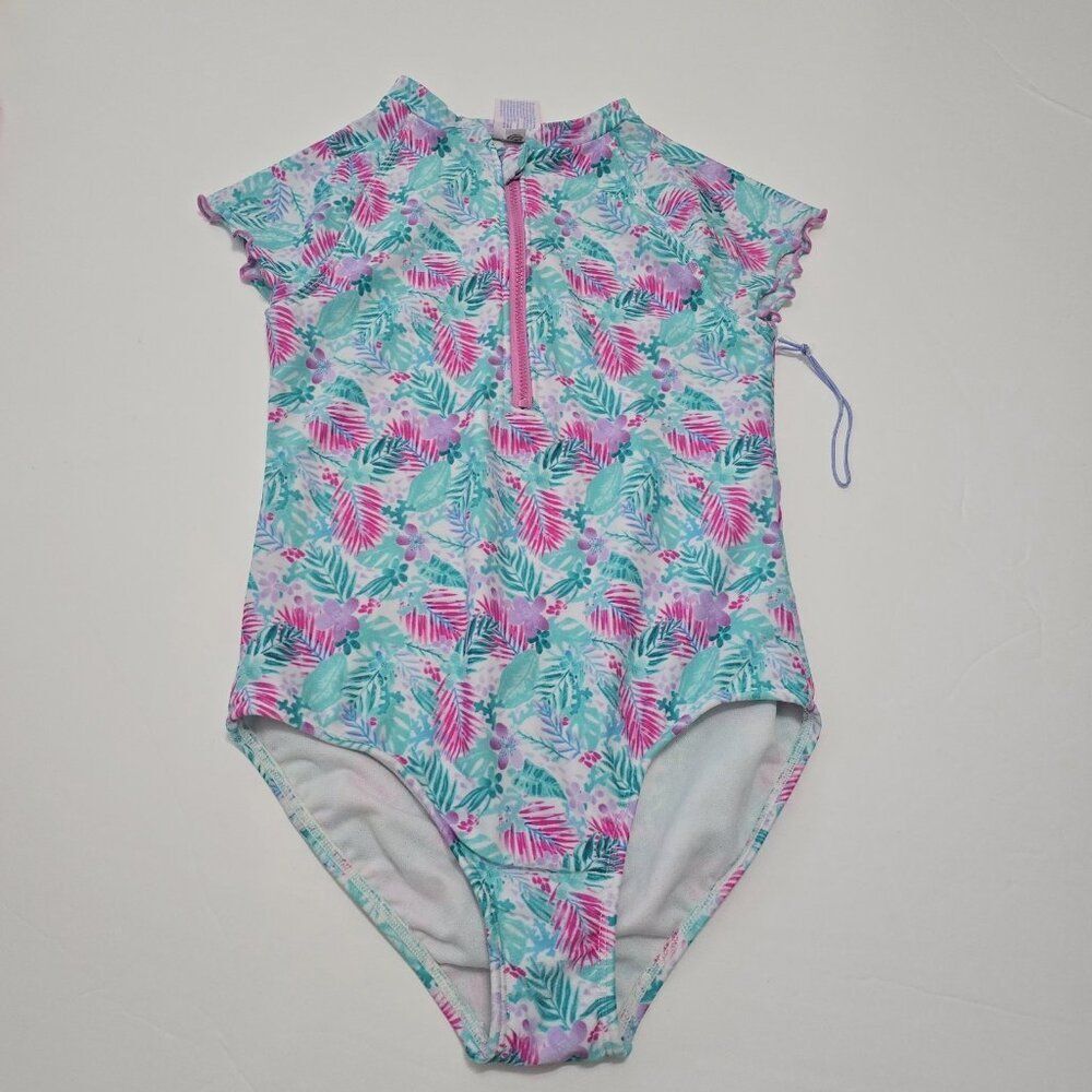 NWOT - More Than Magic M (7/8) Girls Swimsuit One Piece Zip Kids Tropical